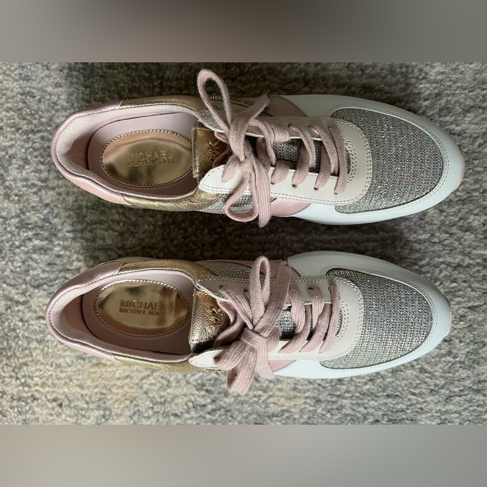 Michael Kors Allie Leather Trainers Pink Gold Metallic size 8 NWOB - Picture 4 of 13